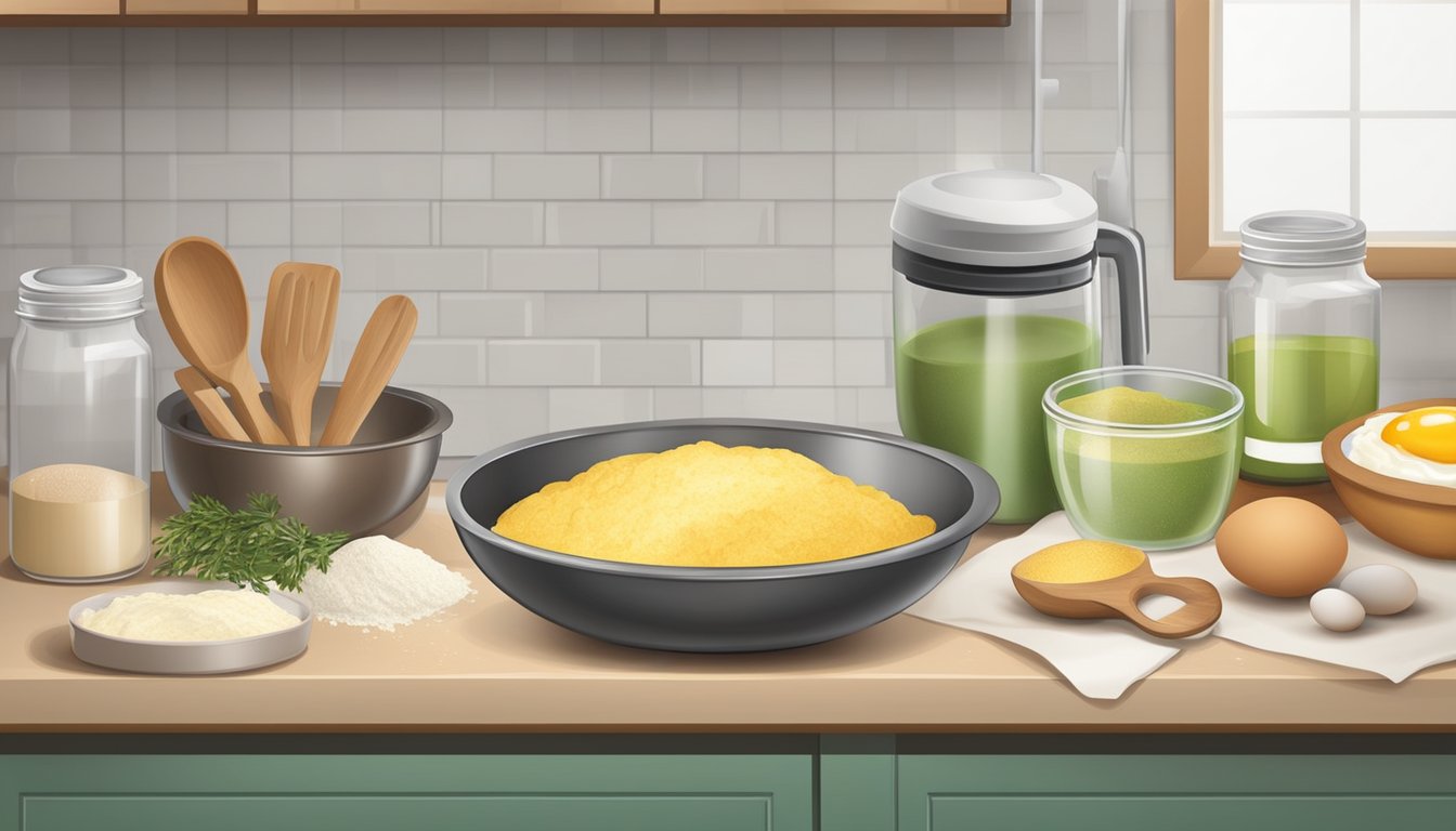 A kitchen countertop with a mixing bowl, flour, eggs, and various utensils for making breakfast gorditas