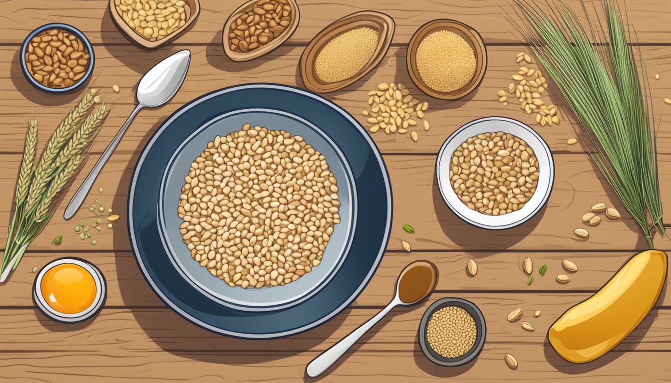 A bowl of cooked barley surrounded by various grains and breakfast ingredients on a wooden table