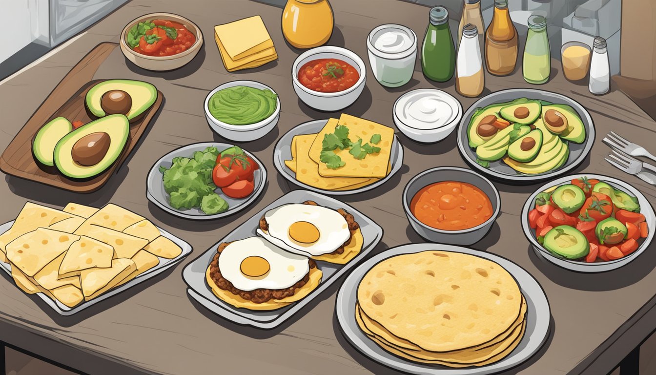 A table filled with various ingredients like eggs, cheese, salsa, and avocado, alongside freshly made gorditas ready to be filled and topped