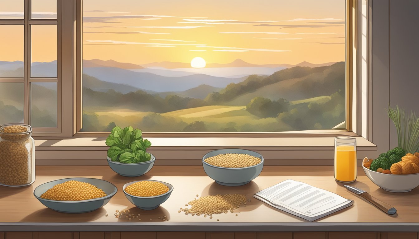 A kitchen counter with a bowl of cooked barley, a variety of toppings, and a recipe book open to a page titled "Breakfast Barley." Sunrise streaming through the window