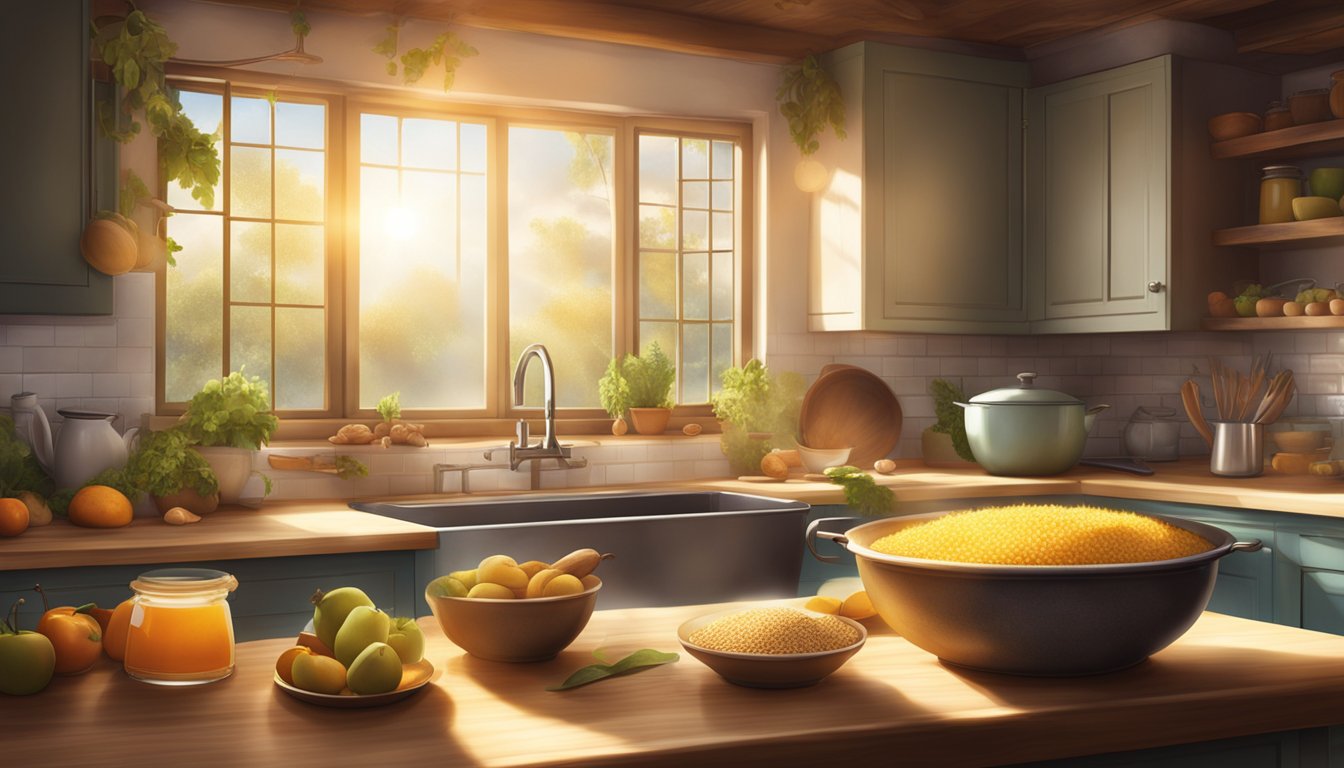 A rustic kitchen with a steaming pot of barley, surrounded by fresh fruits, nuts, and honey. Sunlight streams in through a window, casting a warm glow over the scene