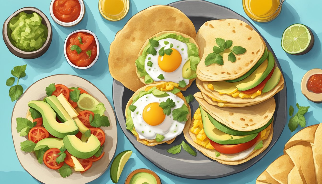 A colorful array of fresh ingredients, including eggs, cheese, avocado, and salsa, surround a platter of golden, freshly made breakfast gorditas