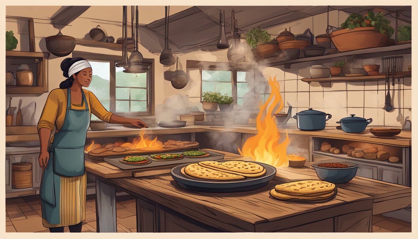 A rustic kitchen with a woman cooking arepas on a traditional griddle over an open flame. A table is set with various toppings and fresh ingredients