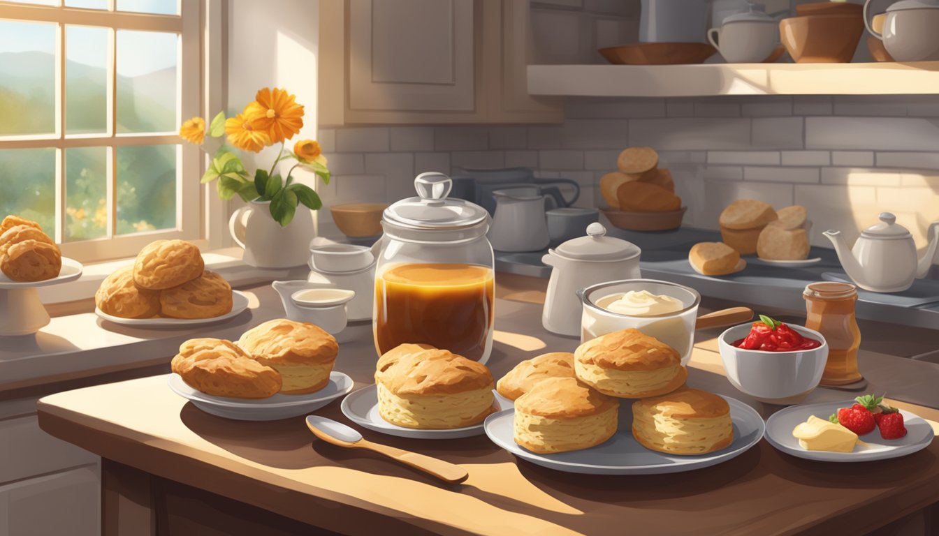 A table set with freshly baked scones, a variety of jams, and clotted cream, surrounded by a cozy kitchen with sunlight streaming in through the window