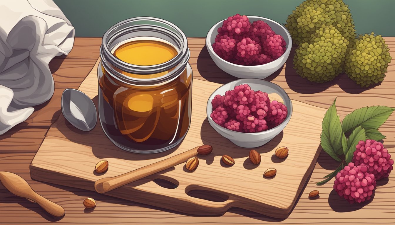 Amaranth seeds, berries, and nuts arranged on a wooden cutting board with a bowl of fresh fruit and a jar of honey on the side