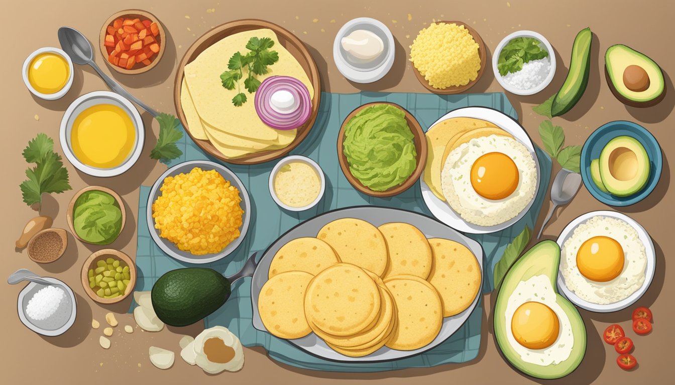 A table spread with various ingredients for making breakfast arepas. Cornmeal, cheese, eggs, avocado, and other toppings are neatly arranged