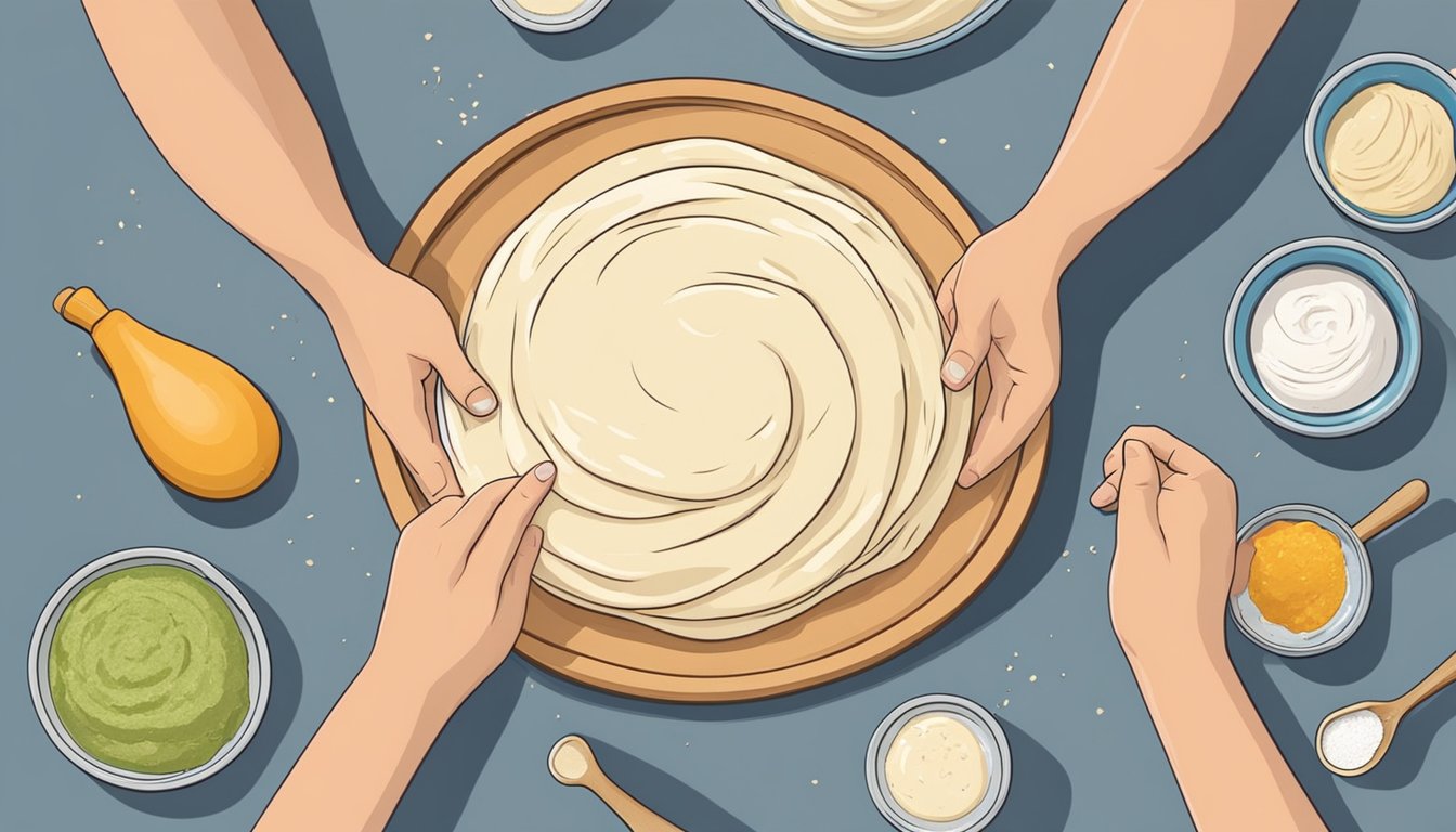 A pair of hands kneading pita dough on a floured surface, with a bowl of ingredients nearby