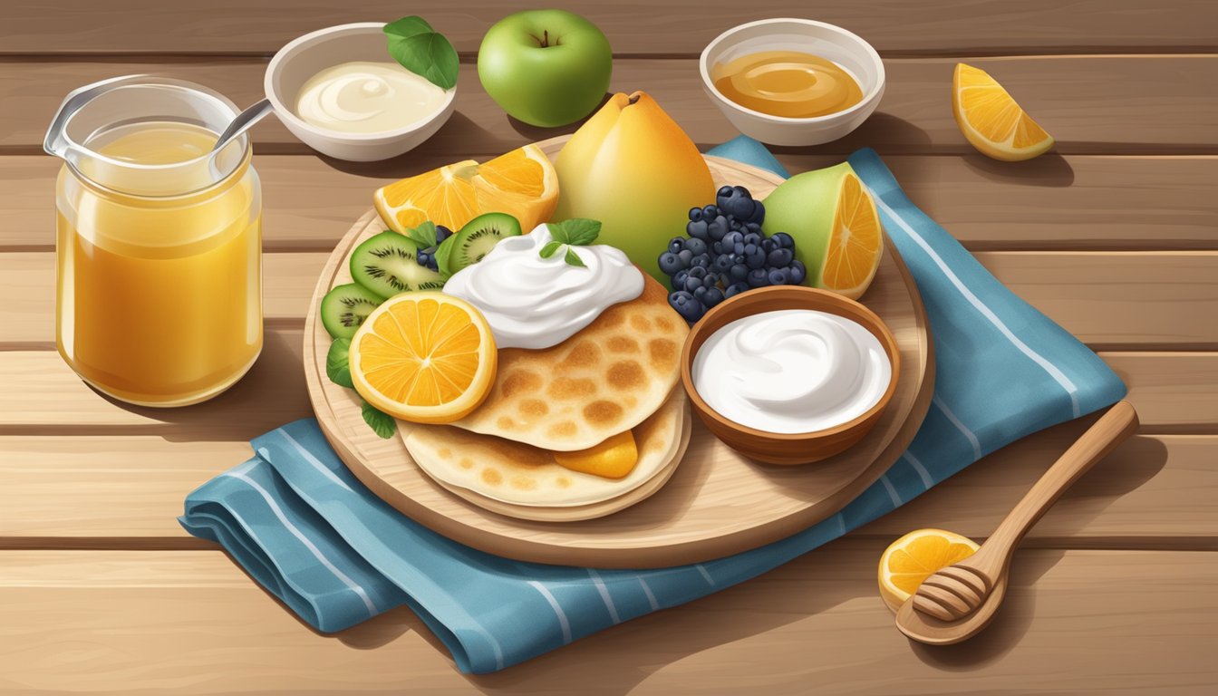 A breakfast pita bread surrounded by fresh fruits, yogurt, and honey on a wooden cutting board