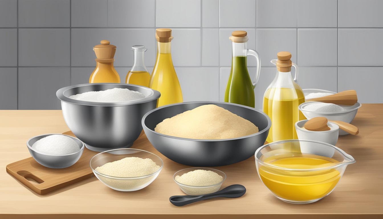 A kitchen counter with ingredients and utensils for making breakfast pita bread, including flour, yeast, olive oil, and a mixing bowl