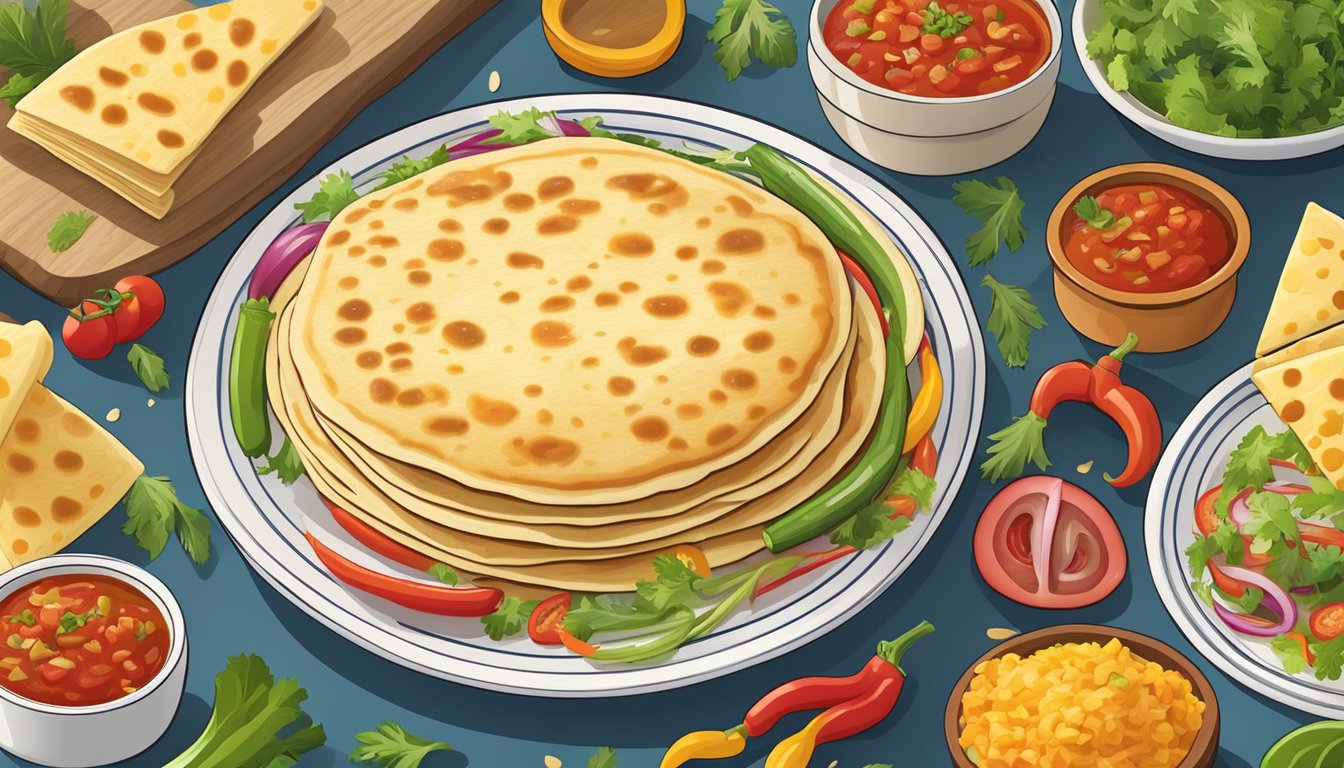 A colorful array of fresh vegetables, cheese, and salsa arranged around a plate of golden, crispy pupusas