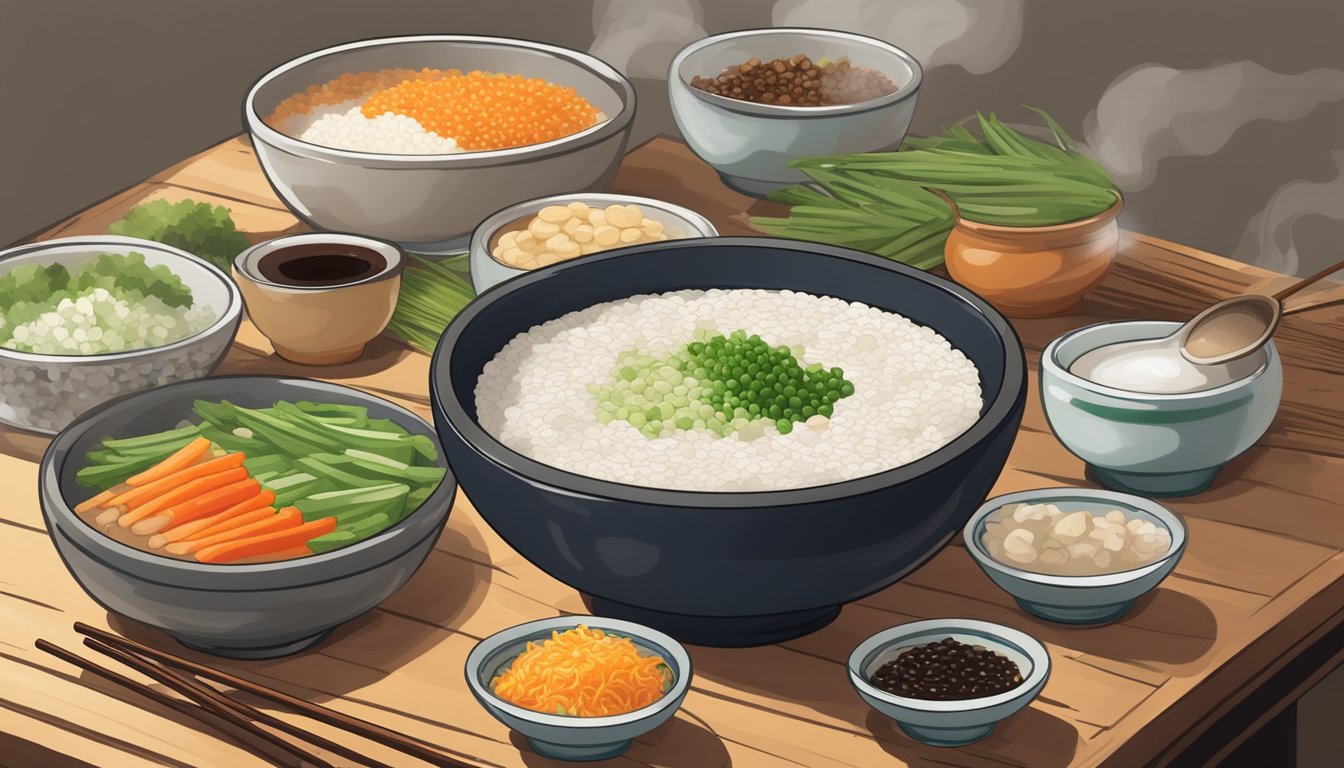 A steaming bowl of congee sits on a wooden table, surrounded by small dishes of various seasonings such as soy sauce, green onions, and pickled vegetables