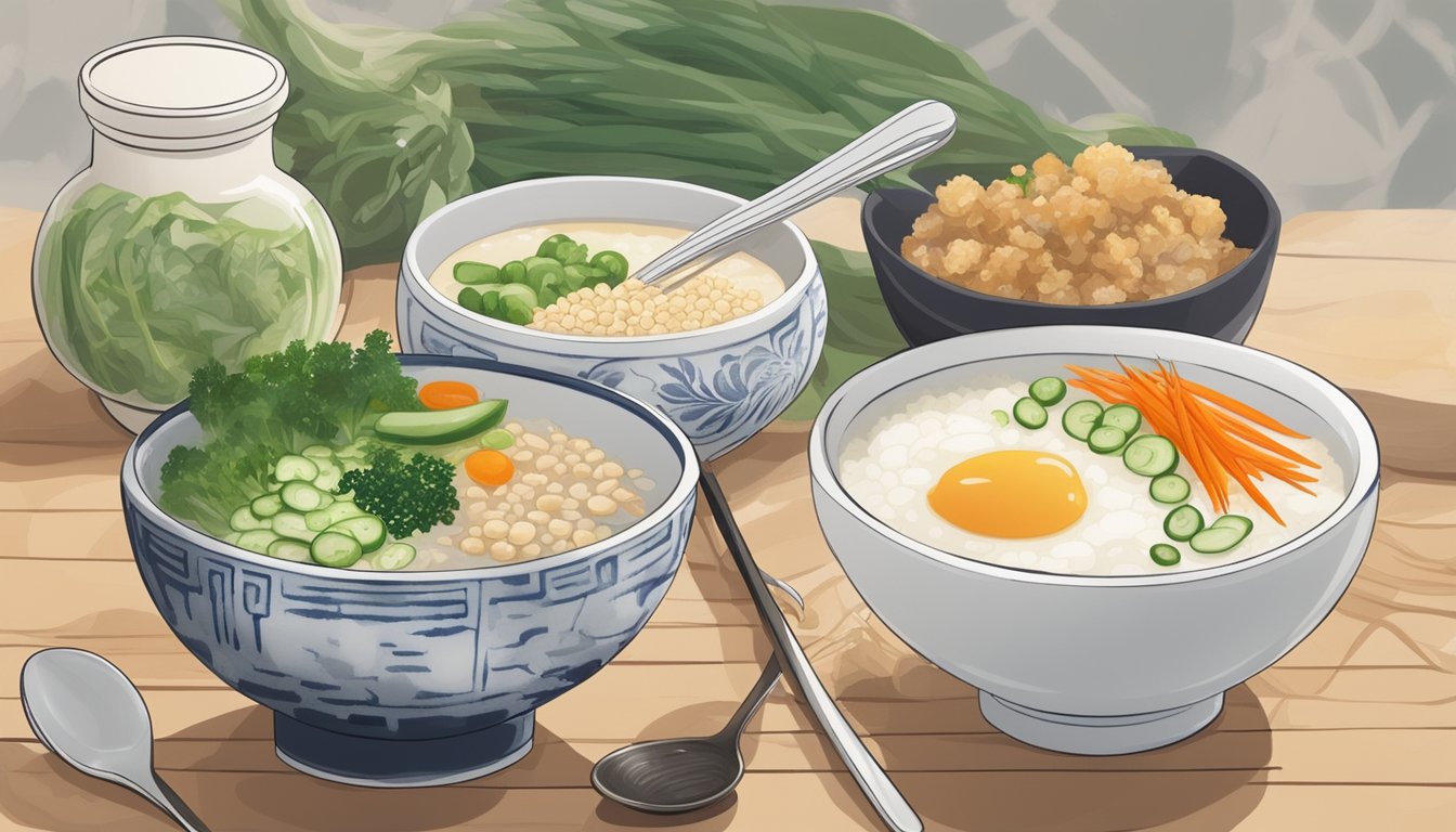 A steaming bowl of congee surrounded by various ingredients such as ginger, scallions, and pickled vegetables, with a spoon resting on the side