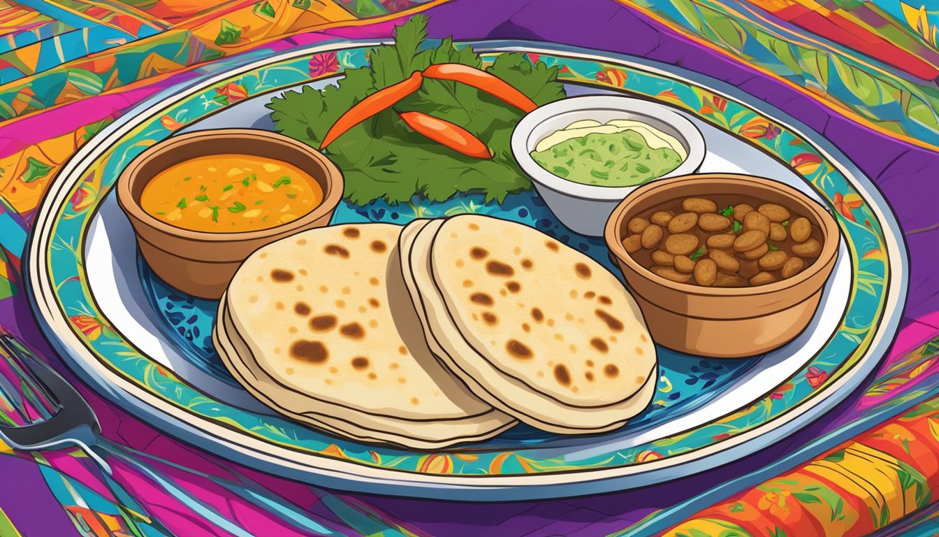 A plate of steaming pupusas with various fillings on a colorful tablecloth, surrounded by traditional Central American decor