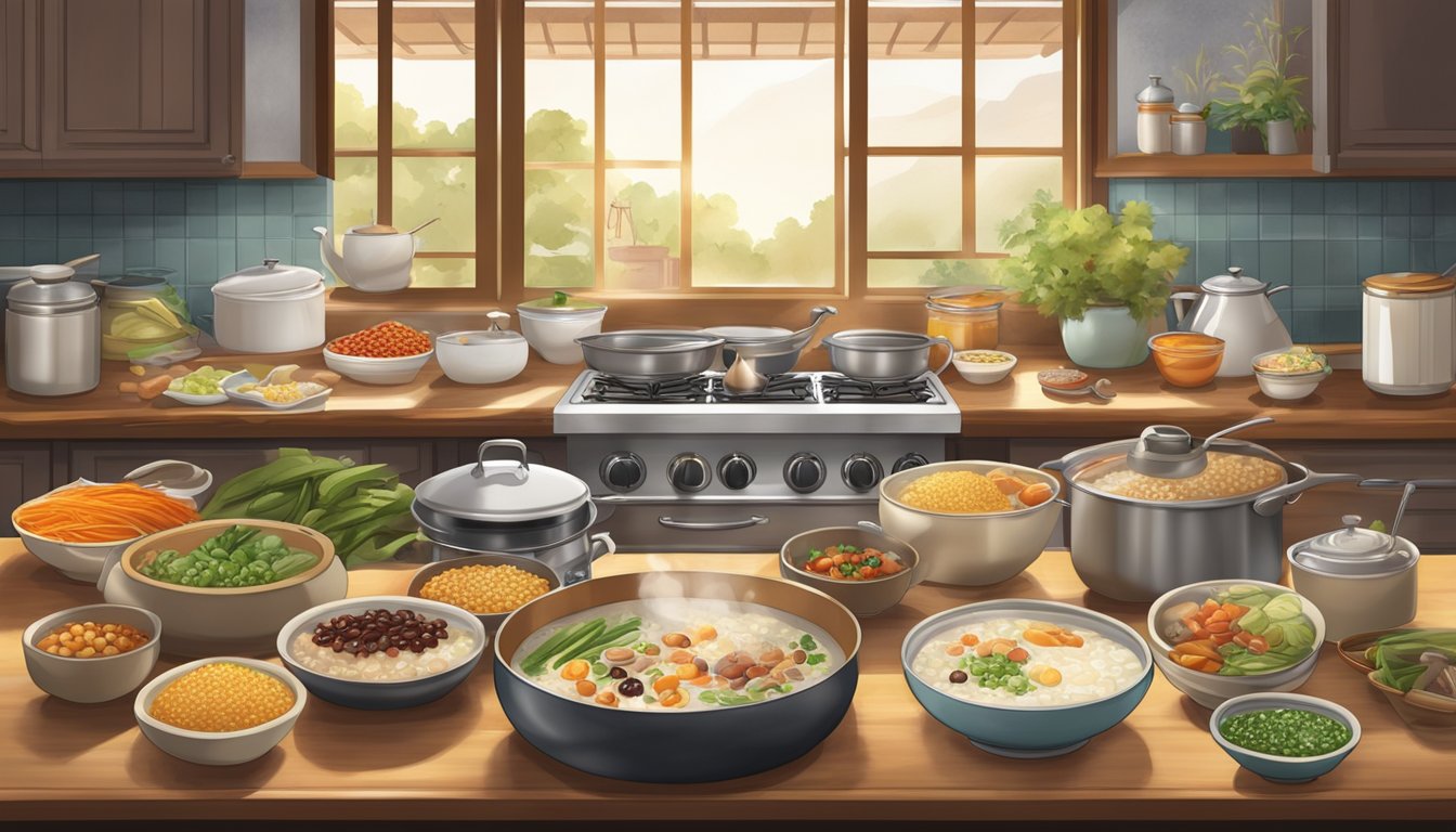 A cozy kitchen with a steaming pot of congee surrounded by an array of customizable toppings and condiments. A warm, inviting atmosphere with personal touches