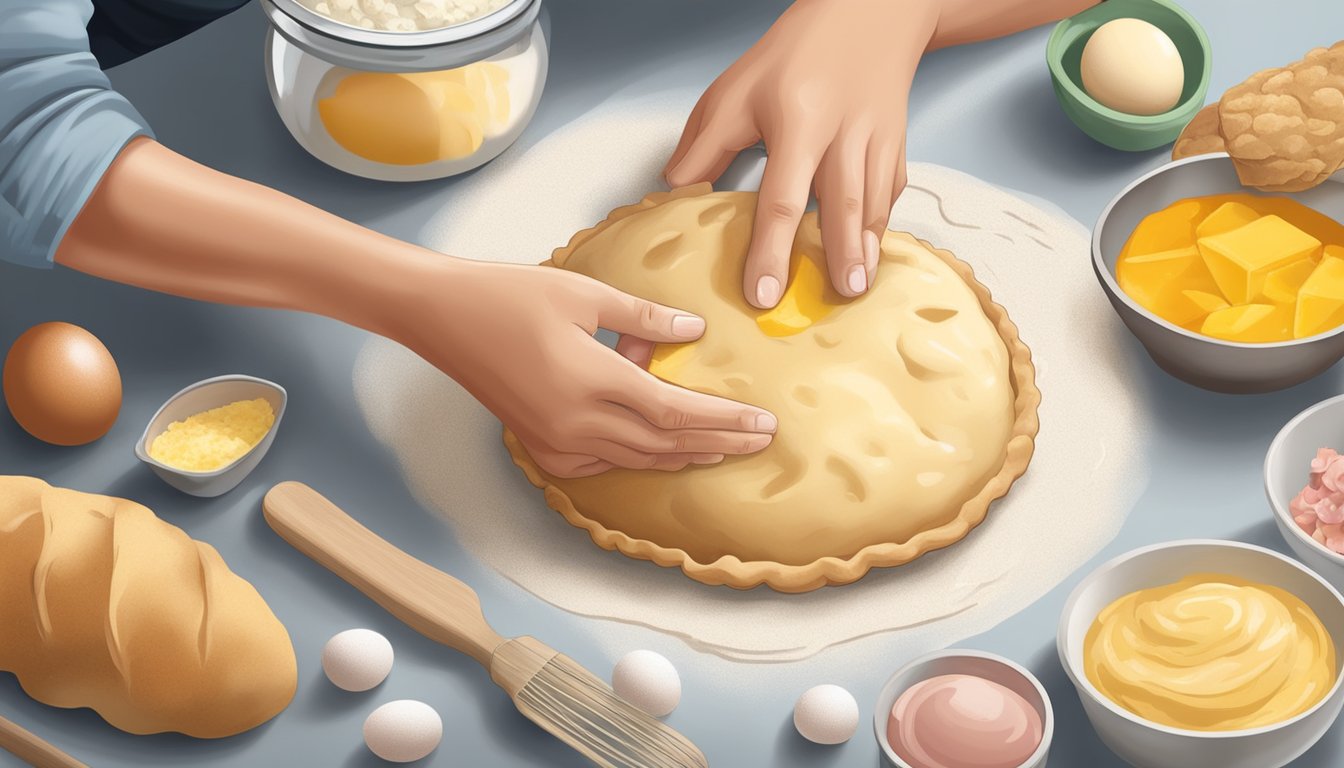 A pair of hands kneading dough on a floured surface, surrounded by ingredients like eggs, ham, and cheese for breakfast empanadas