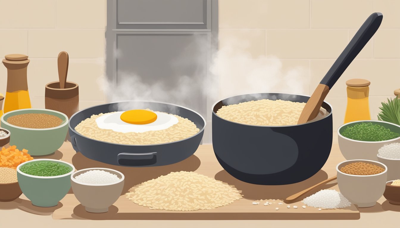 A steaming pot of breakfast risotto being stirred with a wooden spoon, surrounded by bowls of different types of rice and various ingredients