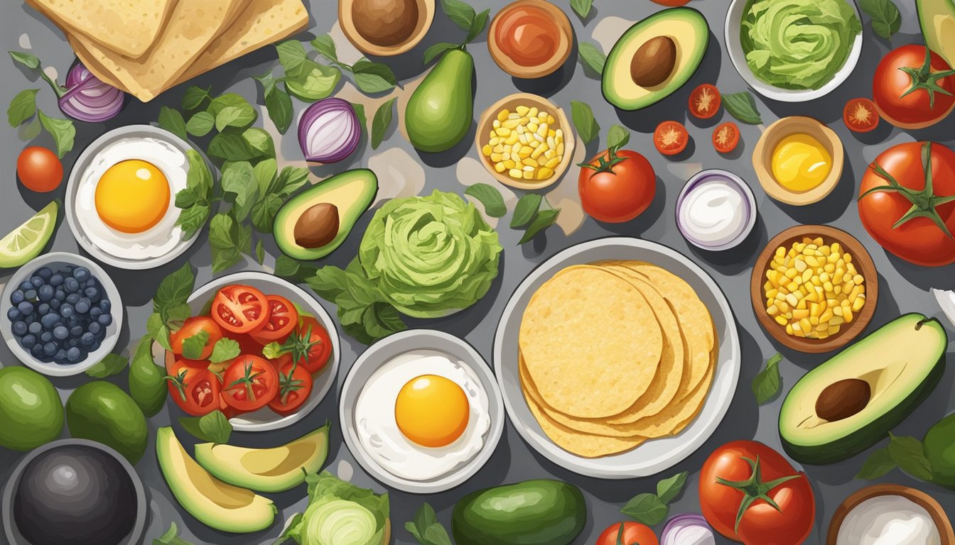 A colorful array of fresh ingredients spread out on a kitchen counter, including eggs, avocados, tomatoes, and corn tortillas