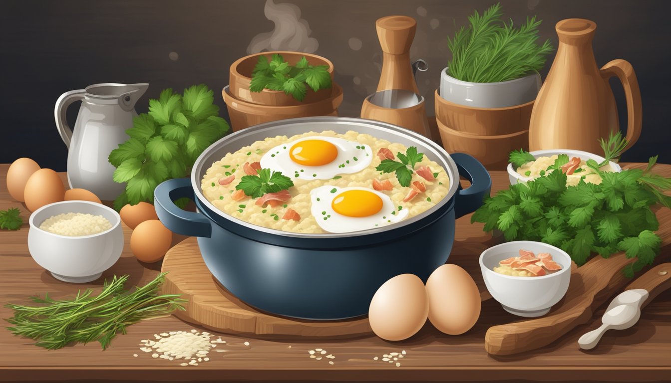 A steaming pot of creamy risotto sits on a rustic wooden table, surrounded by fresh ingredients like eggs, bacon, and herbs