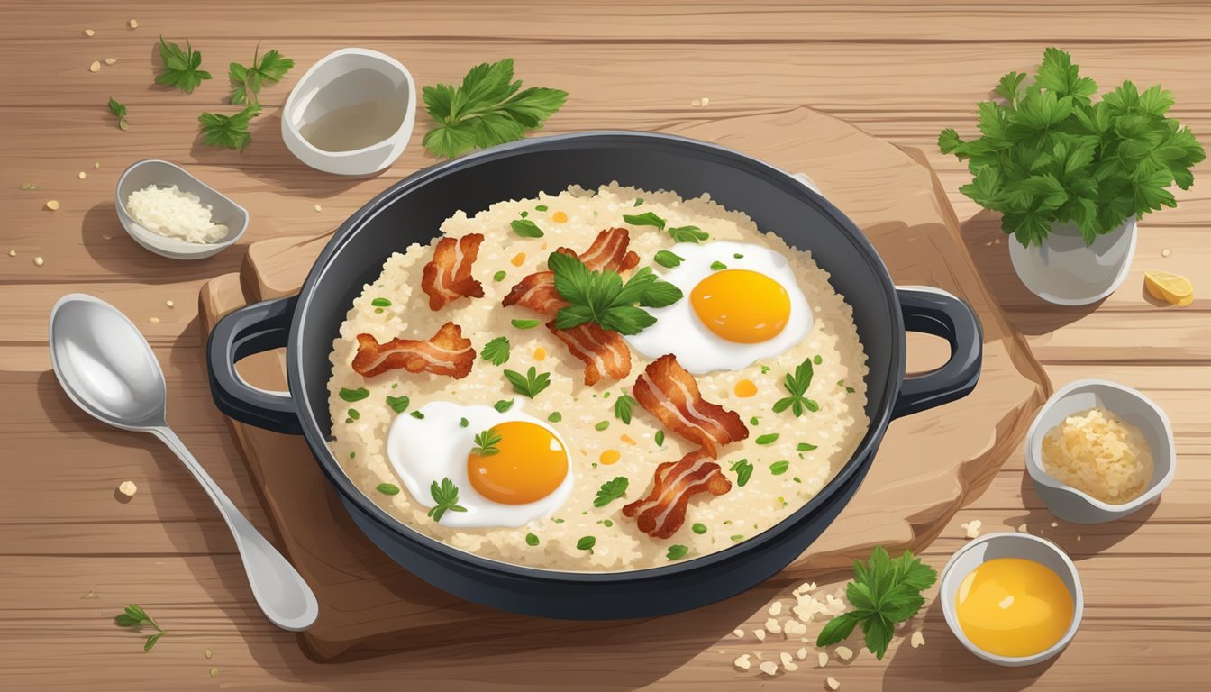 A steaming pot of creamy breakfast risotto, topped with crispy bacon, fresh herbs, and a sprinkle of Parmesan, sits on a rustic wooden table