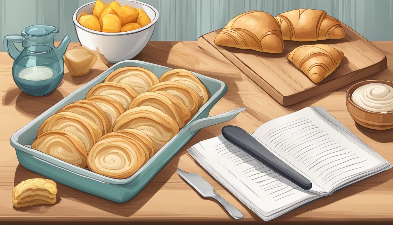 A kitchen counter with ingredients, a rolling pin, and a pastry cutter. An open cookbook with a puff pastry recipe and a tray of freshly baked breakfast turnovers