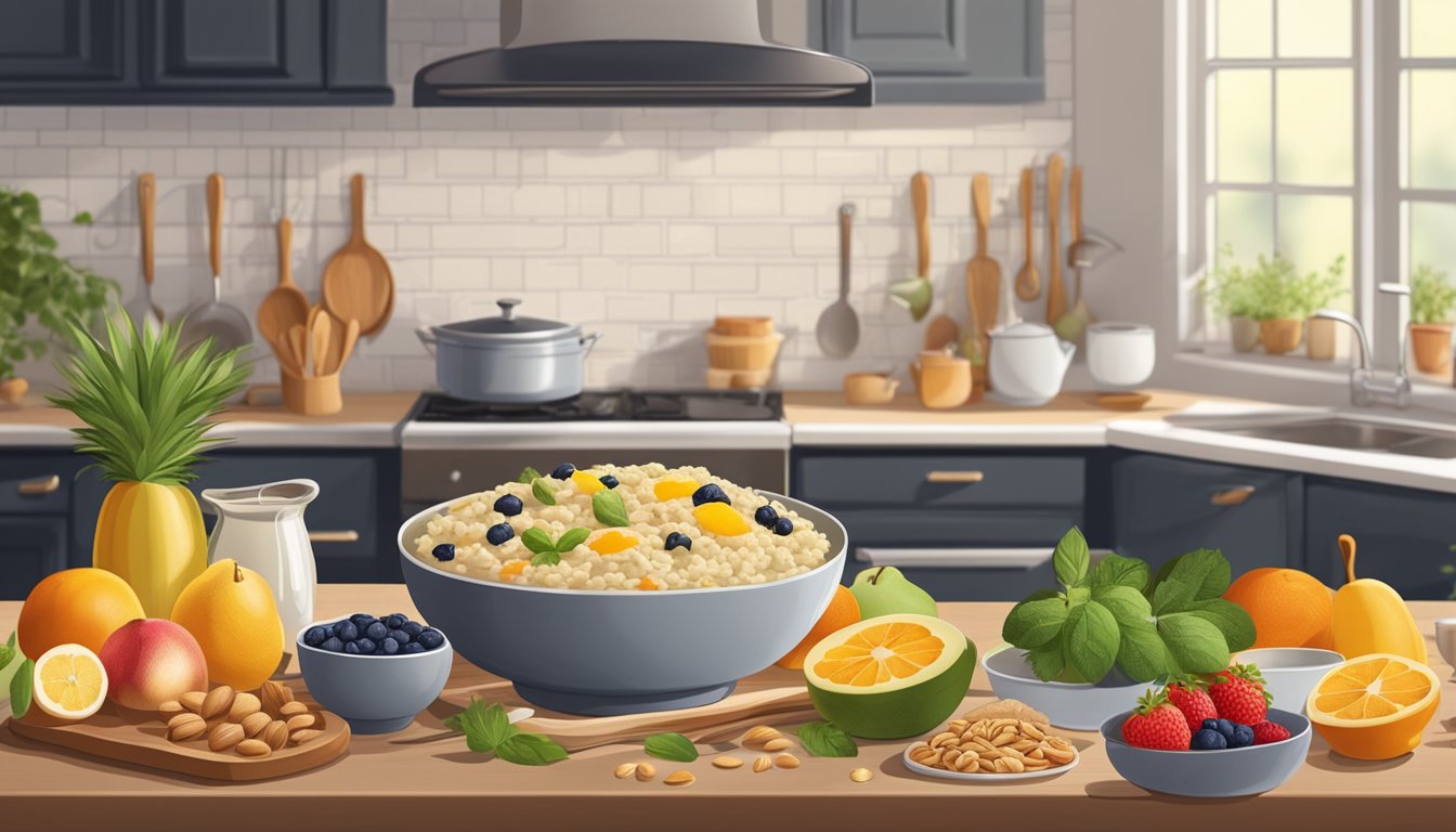 A cozy kitchen with a steaming pot of breakfast risotto, surrounded by fresh fruits, nuts, and gluten-free ingredients