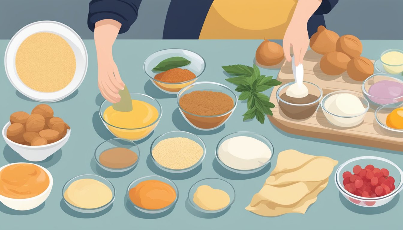 A person is mixing ingredients in a bowl to make the filling for breakfast turnovers. Ingredients like fruit, sugar, and spices are laid out on the counter