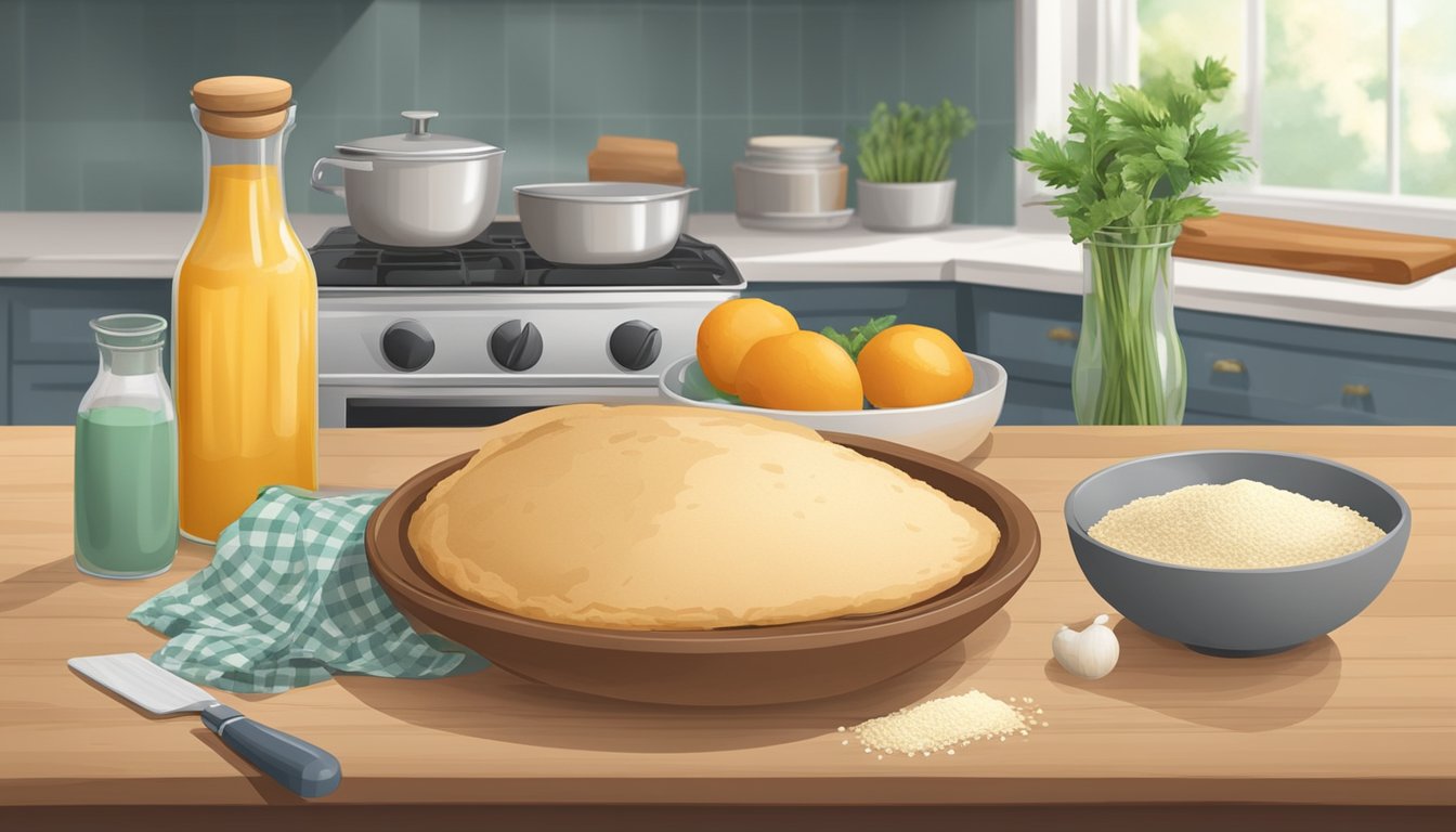 A kitchen counter with ingredients, a rolling pin, and a bowl for making homemade breakfast turnovers