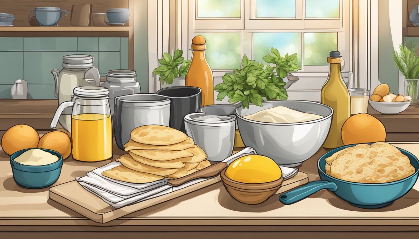 A kitchen counter with ingredients and utensils for making breakfast turnovers