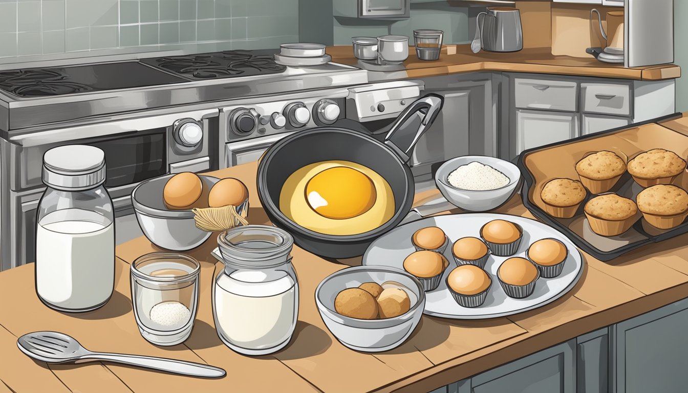 A kitchen counter with ingredients and utensils for making breakfast muffins, including flour, eggs, milk, a mixing bowl, a whisk, and a muffin tin