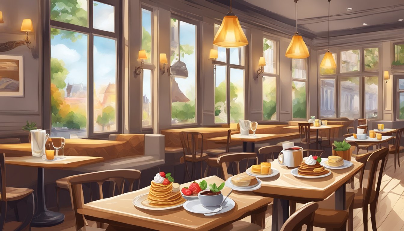 A cozy French cafe with a spread of mouthwatering breakfast crepes, adorned with fresh fruits, powdered sugar, and drizzles of chocolate and caramel