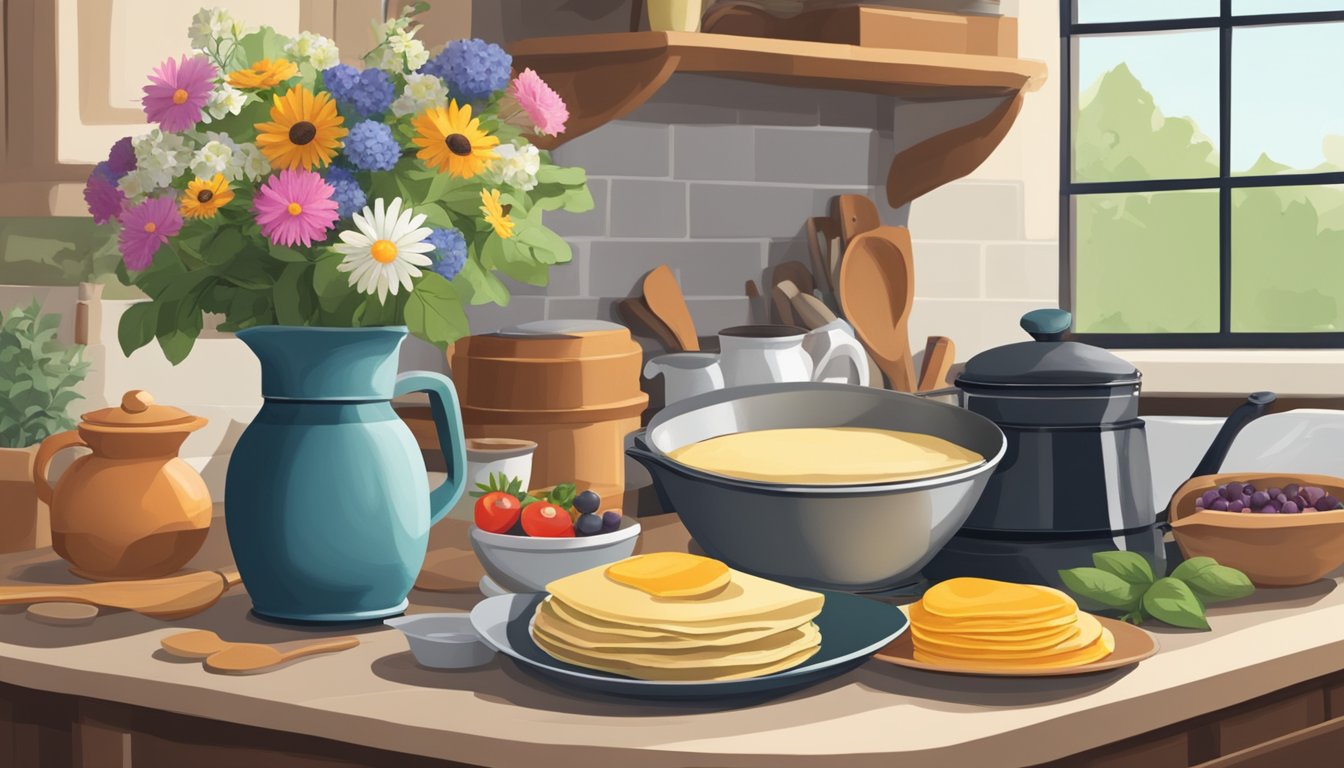 A rustic kitchen with fresh ingredients, a mixing bowl, and a crepe pan on a stovetop. A French press and a vase of flowers sit on the table