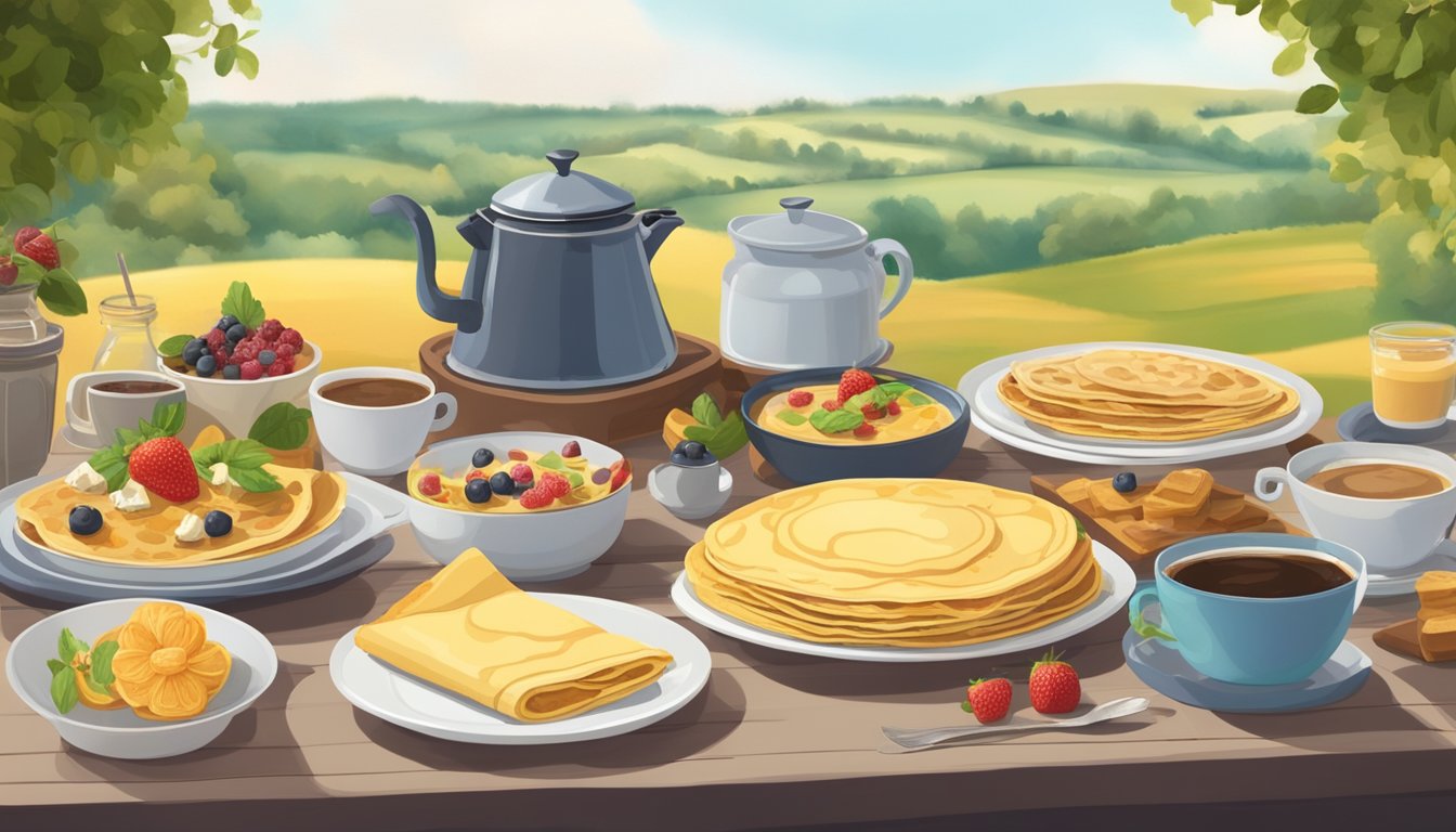 A table set with a spread of freshly made crepes, accompanied by bowls of assorted fillings and toppings, along with a steaming pot of coffee, all against a backdrop of a quaint French countryside