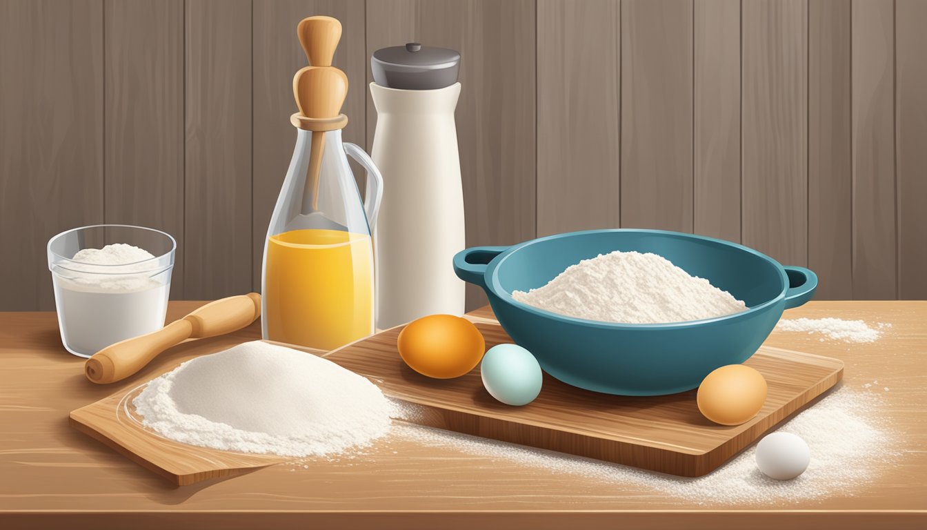 A wooden cutting board with flour, eggs, a rolling pin, and a mixing bowl on a kitchen counter