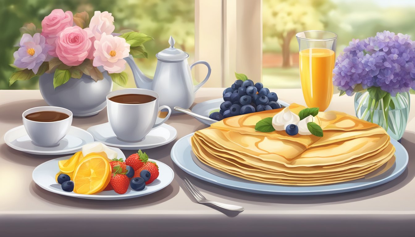 A table set with a spread of beautifully crafted French breakfast crepes, accompanied by fresh fruits, a pot of steaming coffee, and a vase of flowers