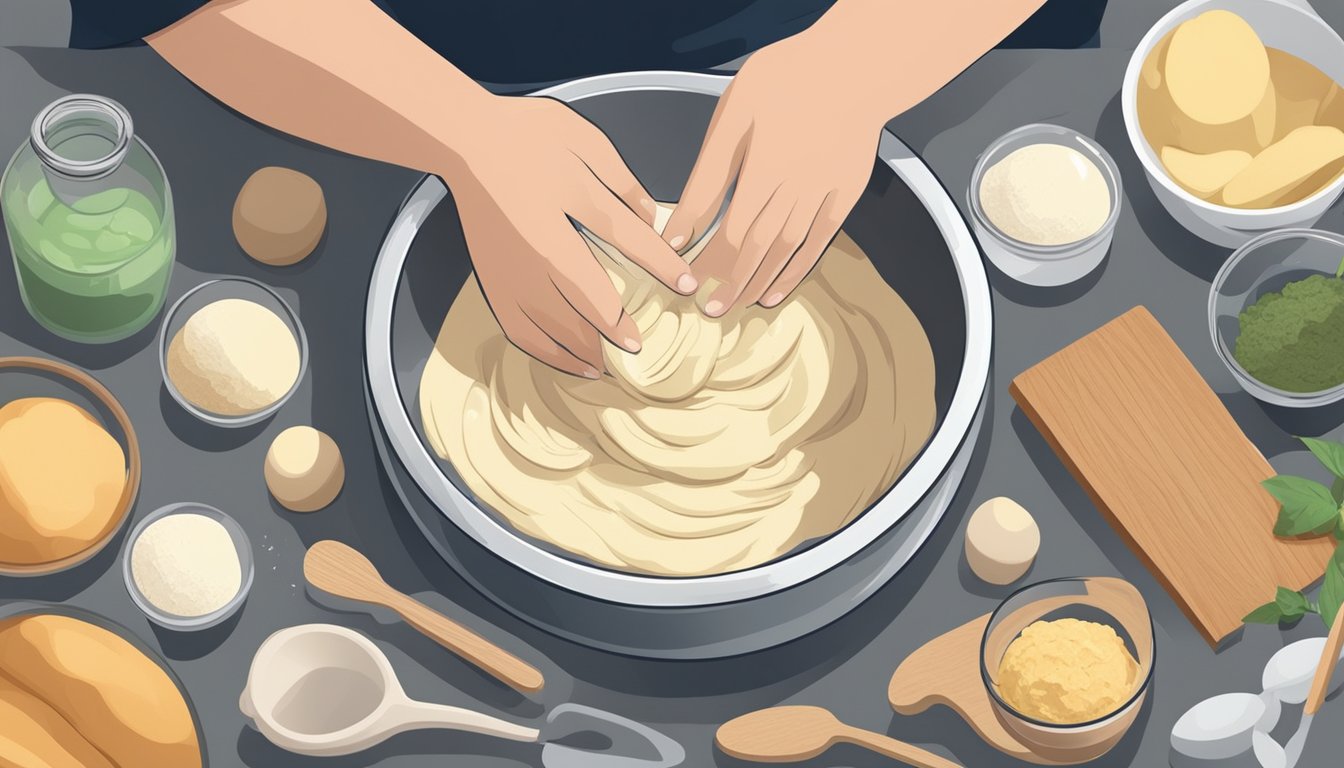 A pair of hands kneading dough in a mixing bowl, surrounded by ingredients and kitchen utensils