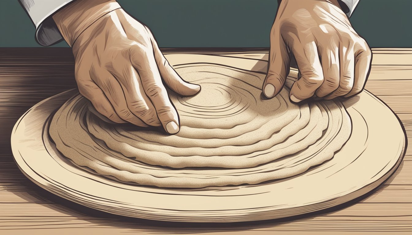 A pair of hands rolling out dough with a rolling pin and shaping it into round tortillas on a floured surface