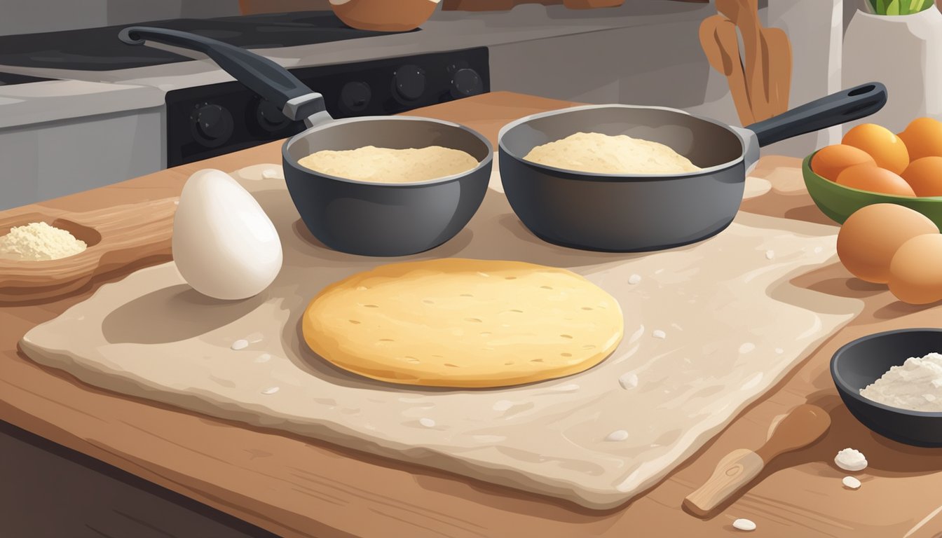 A wooden rolling pin flattens dough on a floured surface, while a skillet heats on a stove. Ingredients like eggs, cheese, and vegetables sit nearby