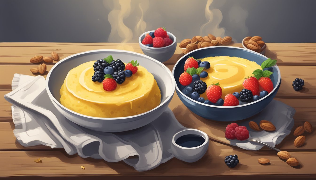 A steaming bowl of creamy polenta topped with fresh berries, nuts, and a drizzle of honey sits on a rustic wooden table