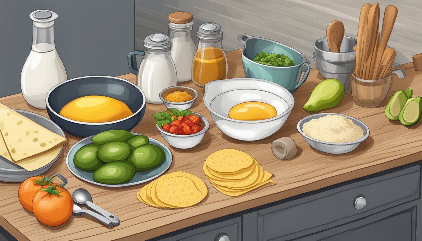 A kitchen counter with ingredients and utensils for making breakfast tortillas