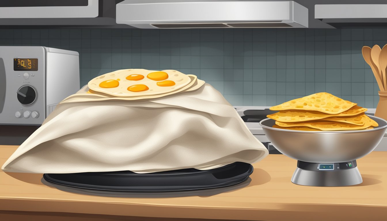 A kitchen counter with a stack of homemade breakfast tortillas wrapped in a cloth and a microwave or stovetop for reheating