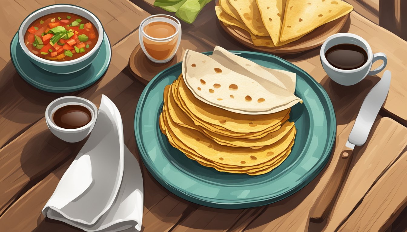 A rustic wooden table set with a plate of homemade breakfast tortillas, accompanied by a bowl of fresh salsa, sliced avocado, and a steaming cup of coffee