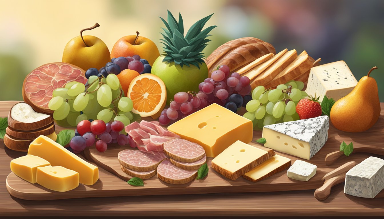 A colorful array of fresh fruits, artisanal cheeses, cured meats, and assorted breads arranged on a wooden breakfast charcuterie board