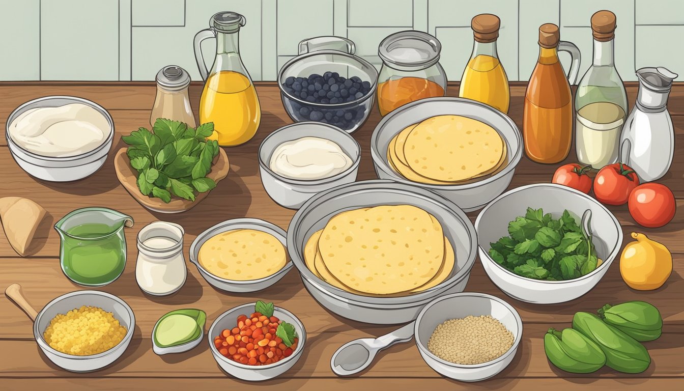 A kitchen counter with various fresh ingredients and cooking utensils laid out for making homemade breakfast tortillas