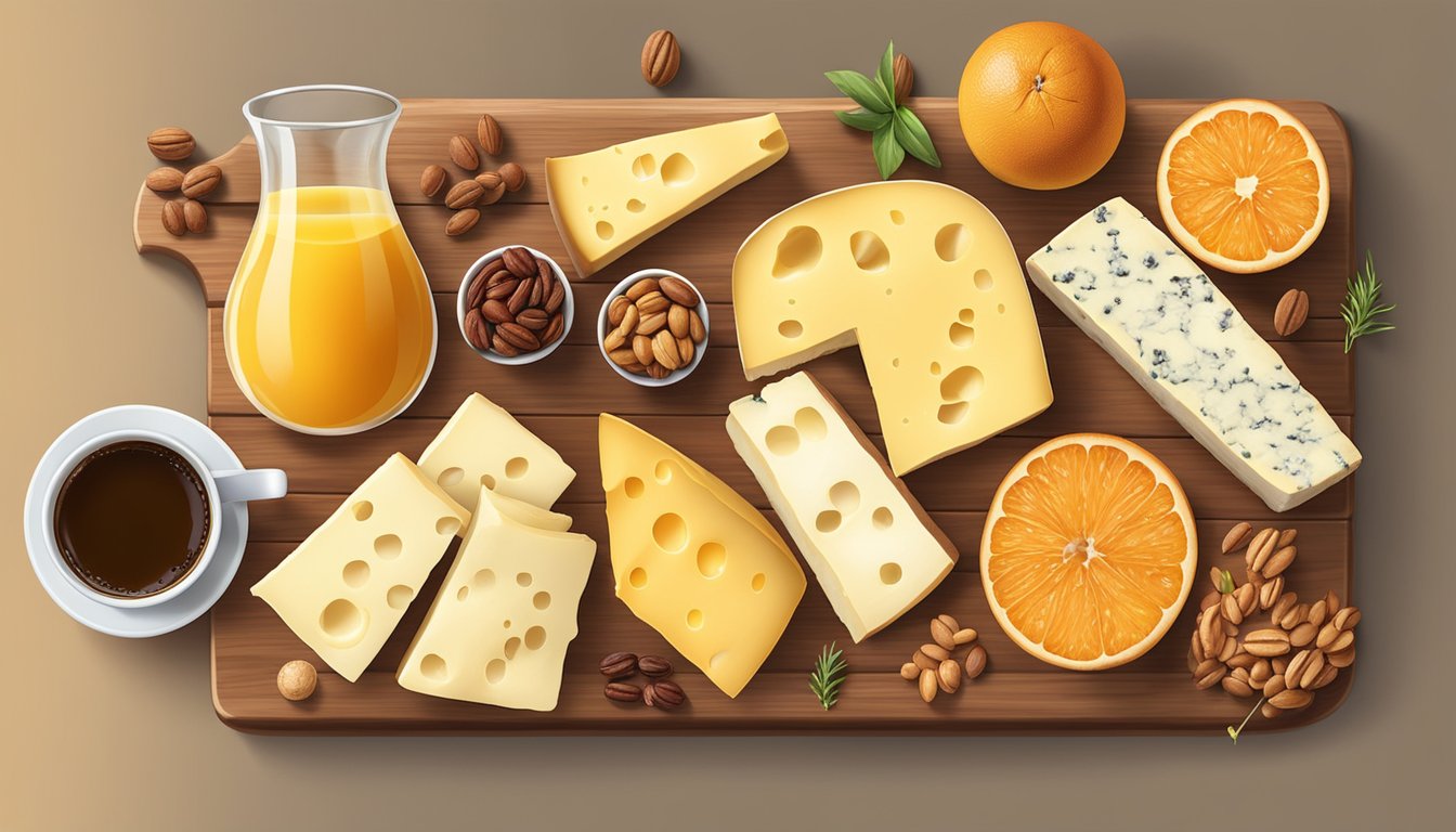 A wooden board with an assortment of cheeses, meats, fruits, nuts, and bread, accompanied by glasses of orange juice and coffee