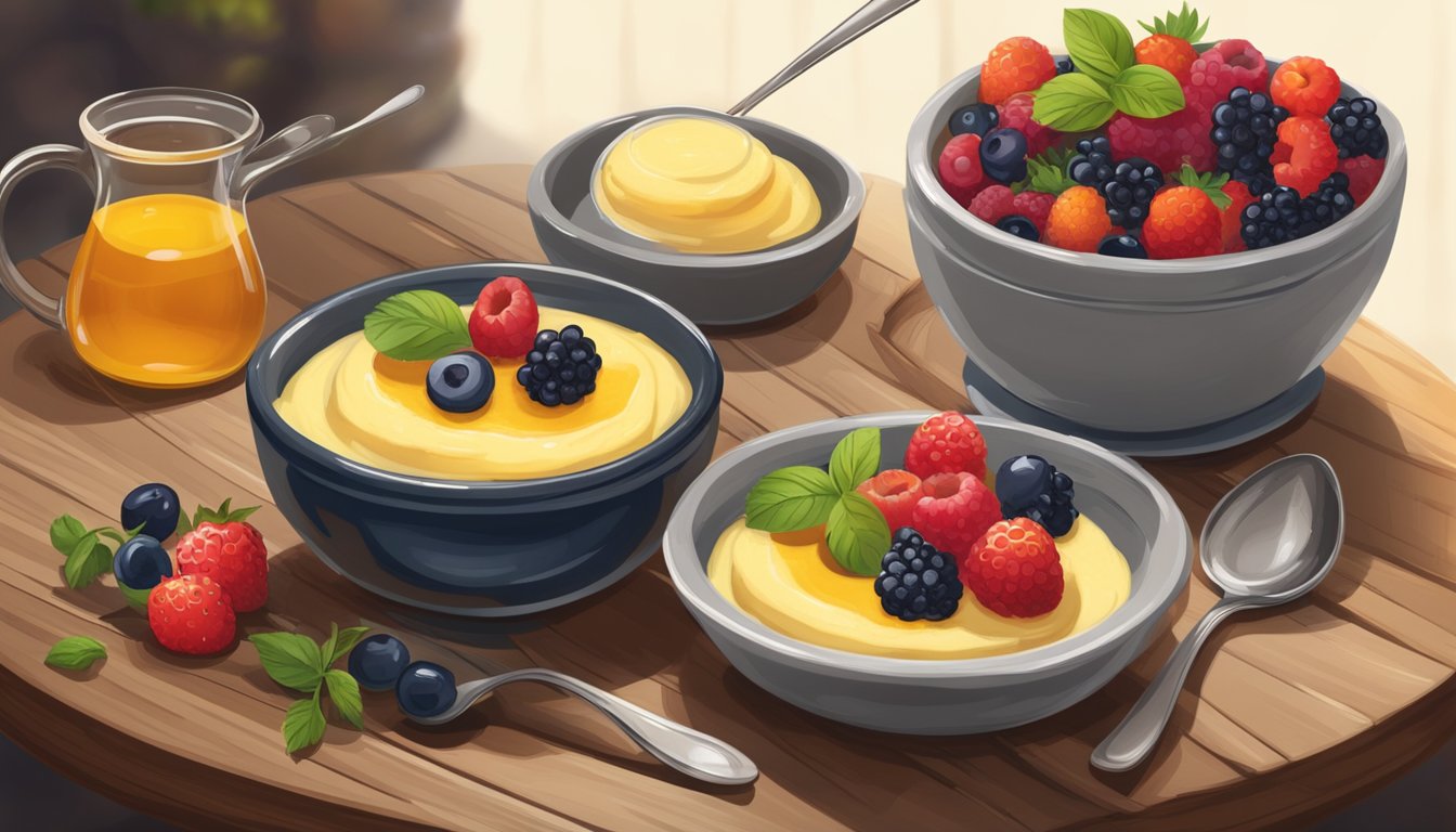 A wooden table set with a steaming bowl of creamy polenta topped with fresh berries and a drizzle of honey. A rustic spoon rests beside the bowl