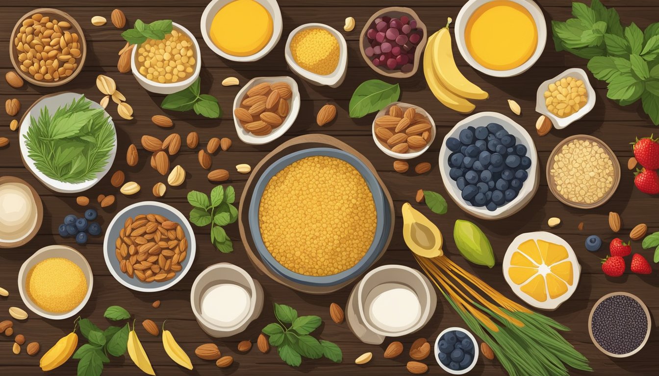 A colorful array of ingredients, including various grains, fruits, and nuts, are spread out on a rustic wooden table, ready to be used in creating different versions of breakfast polenta