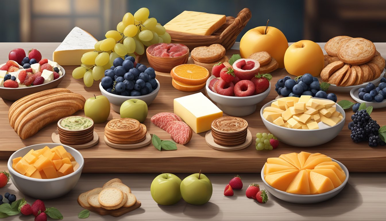 A wooden breakfast charcuterie board with an array of fruits, cheeses, meats, and pastries arranged in an elegant and inviting display