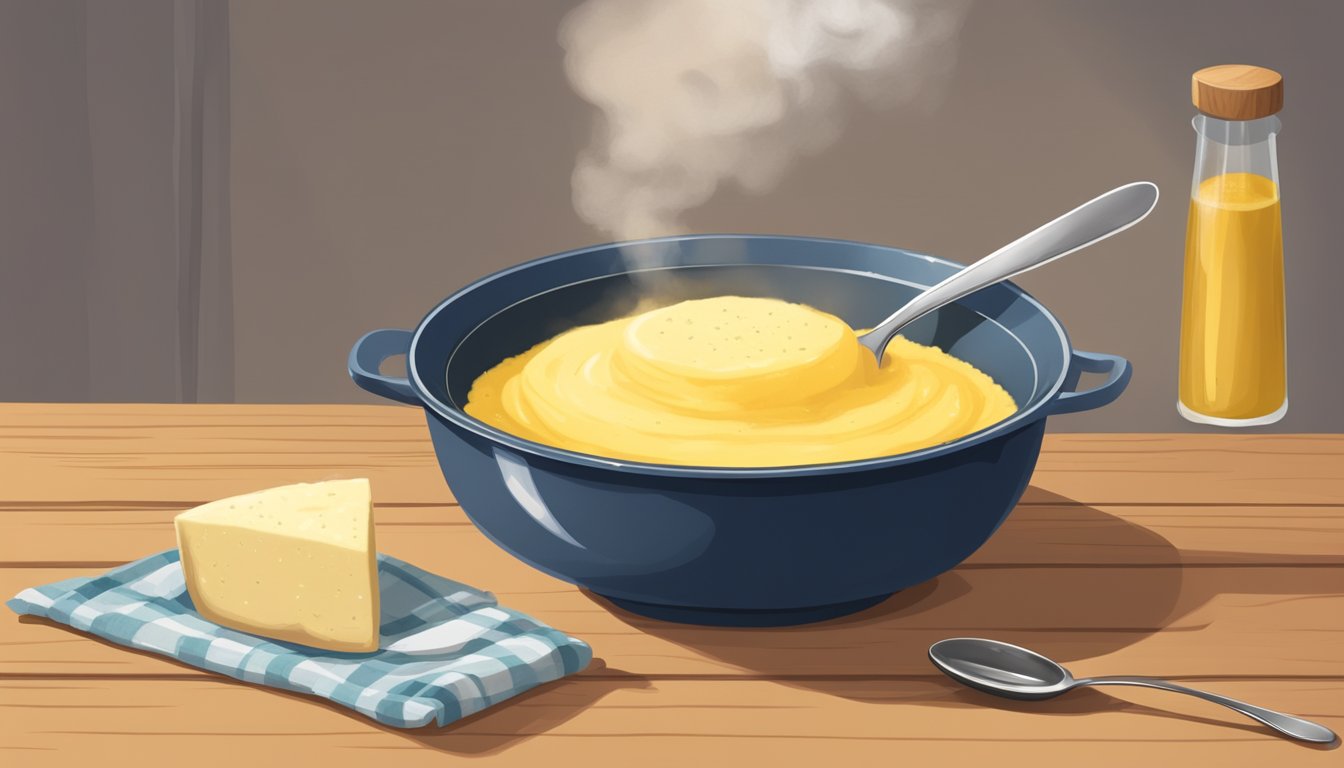 A bowl of creamy polenta sits on a wooden table, next to a pot and a spoon. Steam rises from the bowl, indicating it has just been reheated