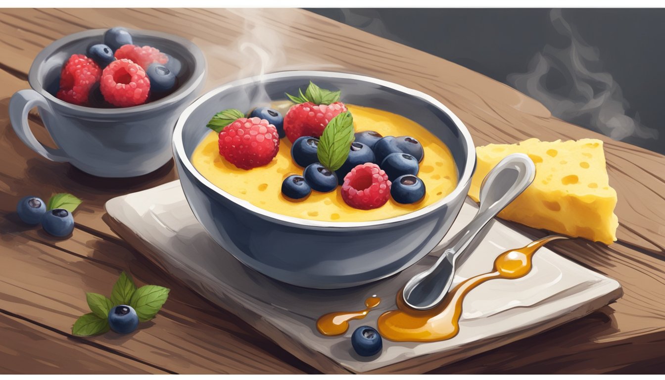 A steaming bowl of creamy polenta topped with fresh berries and drizzled with honey, served alongside a cup of steaming coffee on a rustic wooden table