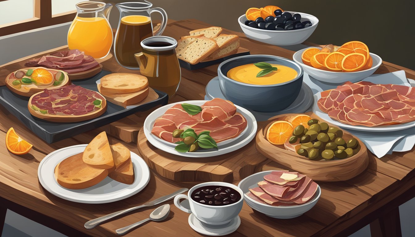 A rustic wooden table adorned with an assortment of savory tapas dishes, including small plates of cured meats, cheeses, olives, and freshly baked bread. A carafe of freshly squeezed orange juice and a pot of steaming coffee complete the spread